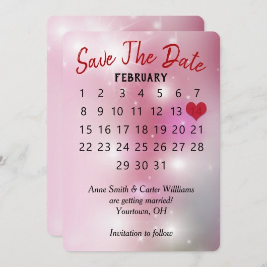 Save the Date Hochzeitskalender auf Pink Bokeh Einladung (Vorne/Hinten)