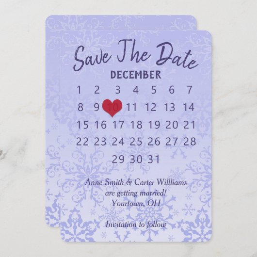 Save the Date Hochzeitskalender Lila Schneeflocken Einladung (Vorne/Hinten)