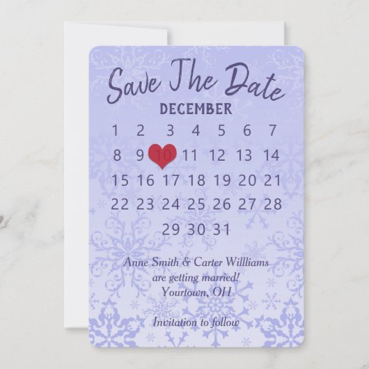 Save the Date Hochzeitskalender Lila Schneeflocken Einladung (Vorderseite)
