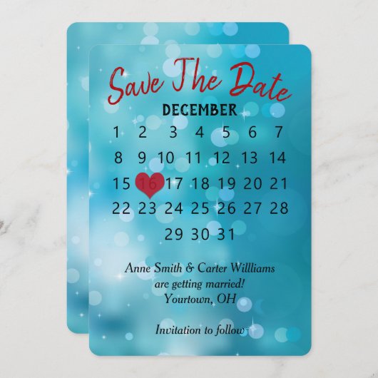 Save the Date Hochzeitskalender über Aqua Bokeh Einladung (Vorne/Hinten)