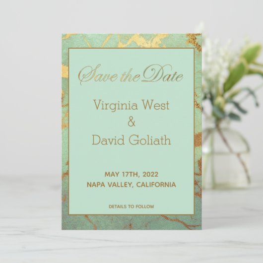 Save the Date Hochzeitskarte aus blauem und goldfa (Stehend Vorderseite)