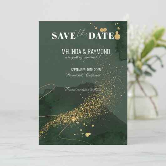 Save the Date Hochzeitskarte für Gold und Grüne Lu Einladung (Stehend Vorderseite)