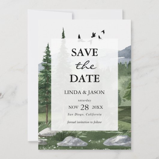 Save the Date Hochzeitskarte für Pine Tree Forest Einladung (Vorderseite)