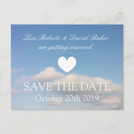 Save the Date Hochzeitskarte | Himmel mit weißen W Ankündigungspostkarte (Vorderseite)