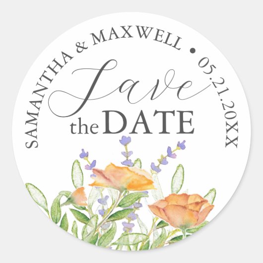 Save the Date Hochzeitsticker-Wildblumen Runder Aufkleber (Vorderseite)
