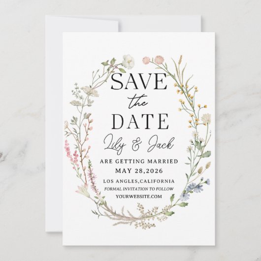 Save the Date Hochzeitsvorlage, elegante Wildblume (Vorderseite)