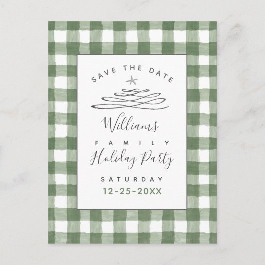 Save the Date Holiday Party Green Gingham Postcard Postkarte (Vorderseite)