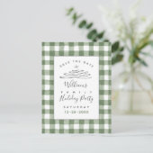 Save the Date Holiday Party Green Gingham Postcard Postkarte (Stehend Vorderseite)
