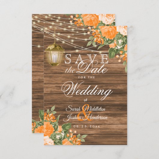 Save the Date Holz, Lanterne und orange Blume (Vorne/Hinten)