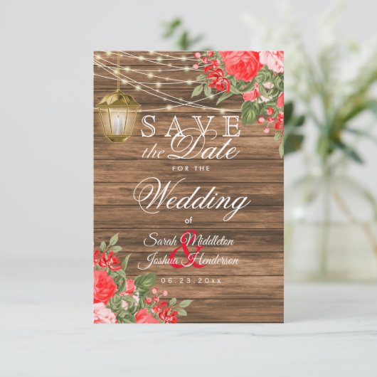 Save the Date Holz, Lanterne und rote Blume (Stehend Vorderseite)