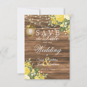 Save the Date Holz, Laternen und Gelbe Blume