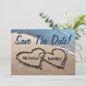Save the Date hört in Sand Hochzeit Einladung (Stehend Vorderseite)