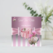 Save the Date Hübsch Satin Pink Silver Strip Bow (Stehend Vorderseite)