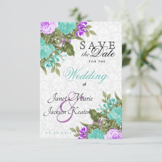 Save the Date Hübsche Aquamarine und violette Blum (Stehend Vorderseite)