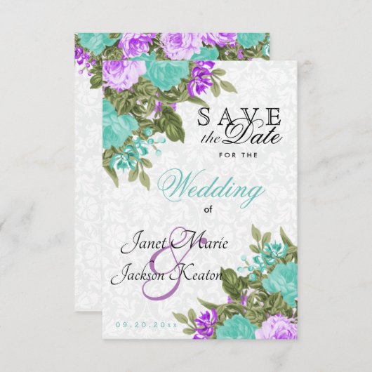 Save the Date Hübsche Aquamarine und violette Blum (Vorne/Hinten)