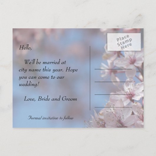 Save the Date, hübsche Frühlingskirsche Blume Ankündigungspostkarte (Rückseite)