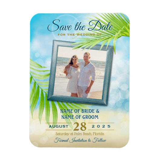 Save the Date Ihr Foto Beach Wedding Palm Blätter Magnet (Vertikal)