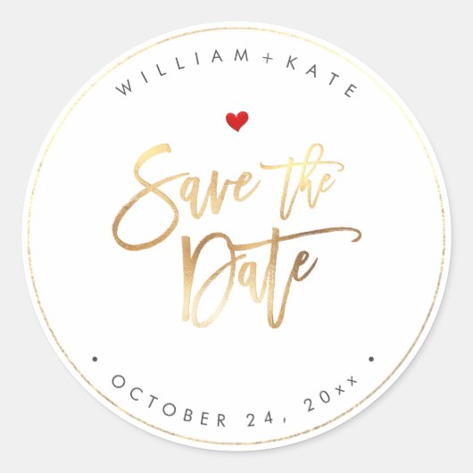 Save the Date, Imitate Gold Moderne Drehbuch Runder Aufkleber (Vorderseite)