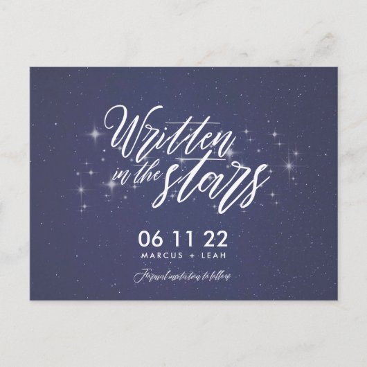 Save the Date in den Sternen geschriebener Celesti Postkarte (Vorderseite)