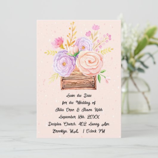 Save the Date in Peach-Blume und rustikale Gestalt Einladung (Stehend Vorderseite)