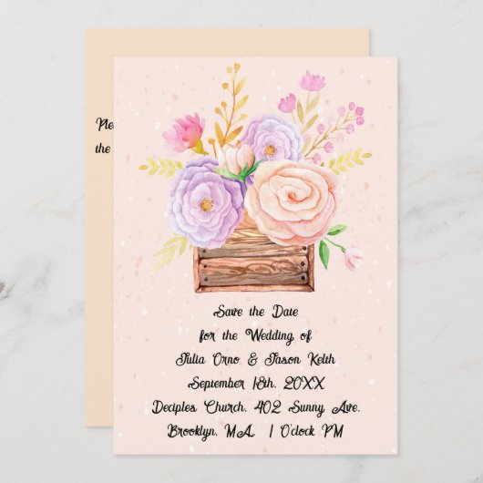 Save the Date in Peach-Blume und rustikale Gestalt Einladung (Vorne/Hinten)