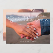 Save the Date in White Handwriting 2 Foto Ankündigung (Vorne/Hinten)
