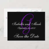 Save the Date, Initial, Monogramm, Schwarz, Lila Ankündigungspostkarte (Vorne/Hinten)