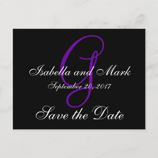 Save the Date, Initial, Monogramm, Schwarz, Lila Ankündigungspostkarte (Vorderseite)