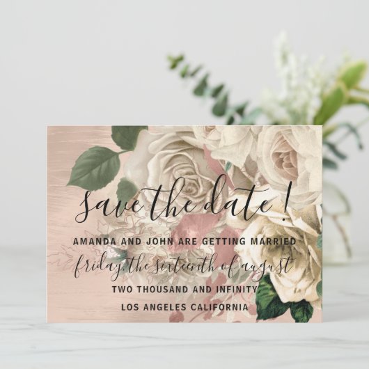 Save the Date Ivory Wreath Rose Wreath (Stehend Vorderseite)