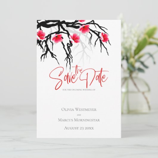 Save the Date japanische Zweigstelle Blossom Einladung (Stehend Vorderseite)