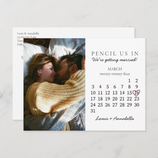 Save the Date Kalender Einfaches Herz März 2024 Postkarte (Vorne/Hinten)