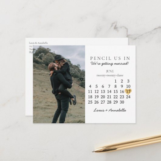 Save the Date Kalender Gold Herzstück Juni 2023 Mo Postkarte (Vorderseite/Rückseite Beispiel)