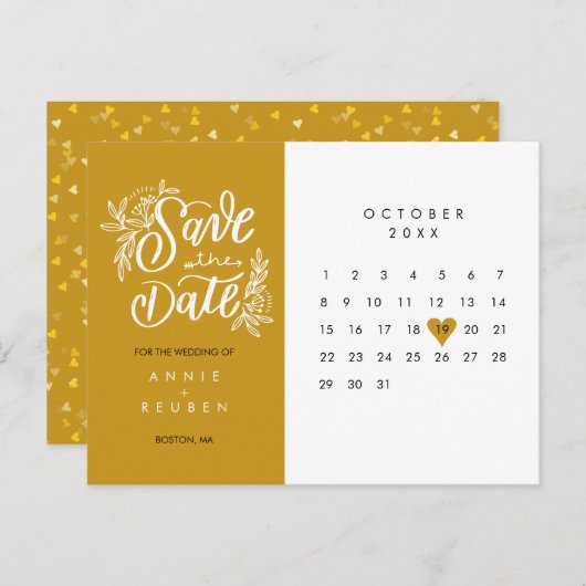 Save the Date Kalender Gold Liebe Herzstück Postka Ankündigungspostkarte (Vorne/Hinten)