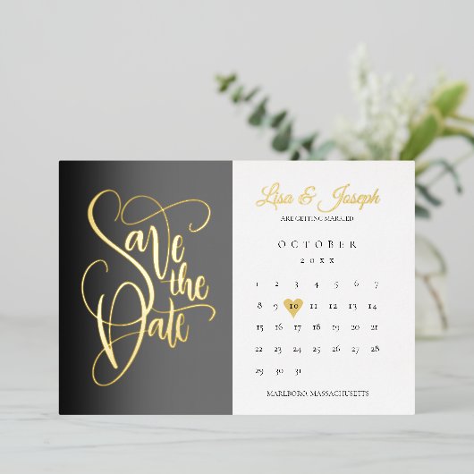 Save the Date Kalender Liebe Herz Gold Folieneinladung (Stehend vorne)