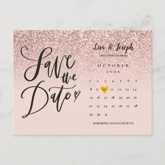 Save the Date Kalender QR Rose Gold Glitzer Ankündigungspostkarte (Vorderseite)
