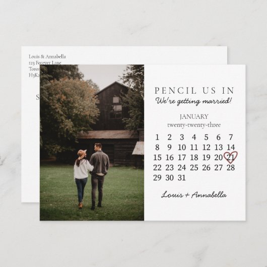 Save the Date Kalender Rose Herzstück Jan 2023 Mon Postkarte (Vorne/Hinten)