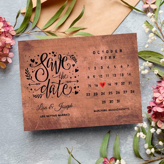 Save the Date Kalender Rote Liebe Herz Rustikales  Postkarte