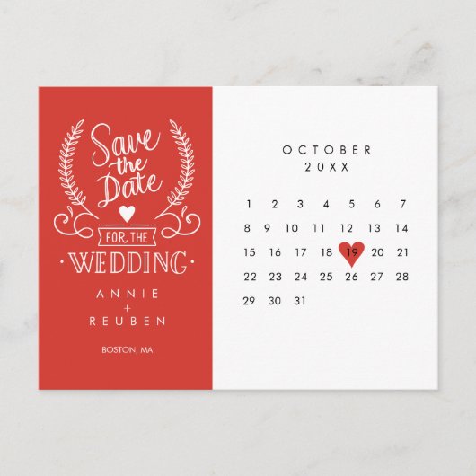 Save the Date Kalender Rote Liebe Herzkarte Ankündigungspostkarte (Vorderseite)
