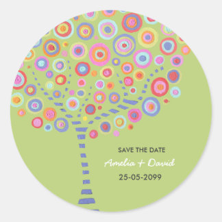 Save the Date Kalkgrüner Retro-Kreisbaum Runder Aufkleber
