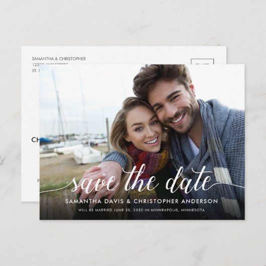 Save the Date Kalligrafie Script Horizontal Foto Postkarte (Vorne/Hinten)