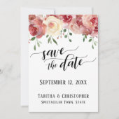 Save the Date Kalligraphie, Burgund, Rose mit Blüt (Vorderseite)