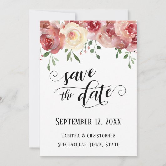 Save the Date Kalligraphie, Burgund, Rose mit Blüt (Vorderseite)