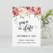 Save the Date Kalligraphie, Burgund, Rose mit Blüt (Stehend Vorderseite)