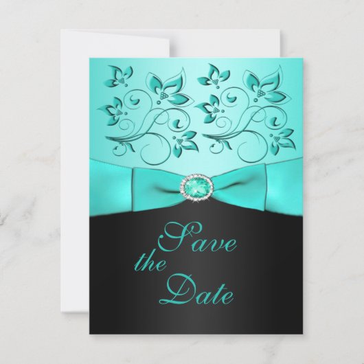 Save the Date Karte Aqua und Black Floral II (Vorderseite)