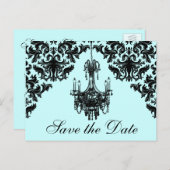 Save the Date Karte Blau, schwarzer Kronleuchter (Vorne/Hinten)