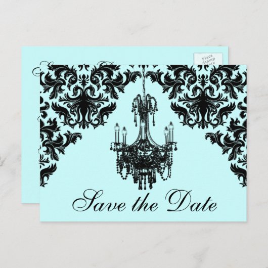 Save the Date Karte Blau, schwarzer Kronleuchter (Vorne/Hinten)