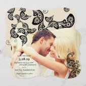 Save the Date-Karte des Black Boho Floral Peacock- Date (Vorne/Hinten)