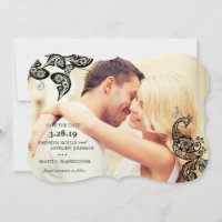 Save the Date-Karte des Black Boho Floral Peacock-