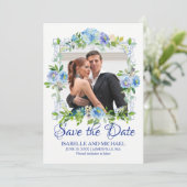 Save the Date-Karte des blauen und weißen Fotos Einladung (Stehend Vorderseite)