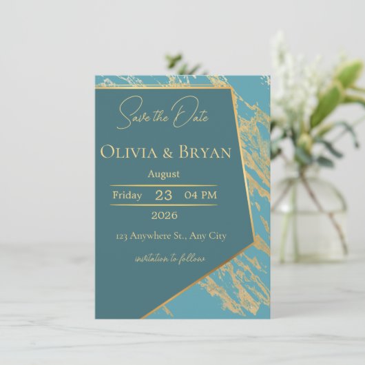 Save the Date-Karte für aquamarin- und Goldmarmor  (Stehend Vorderseite)